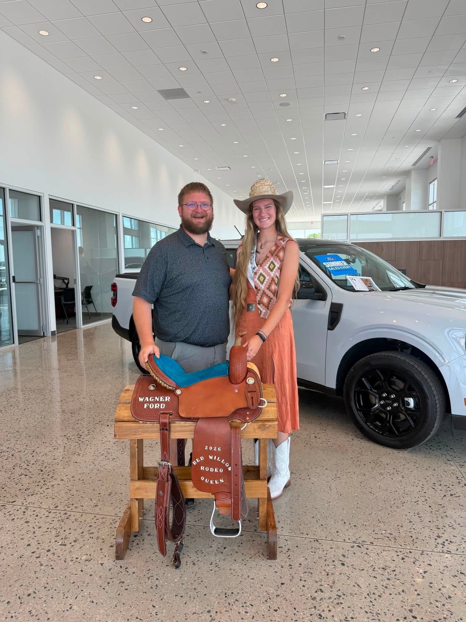 Wagner Ford rodeo queen saddle displayed in the showroom